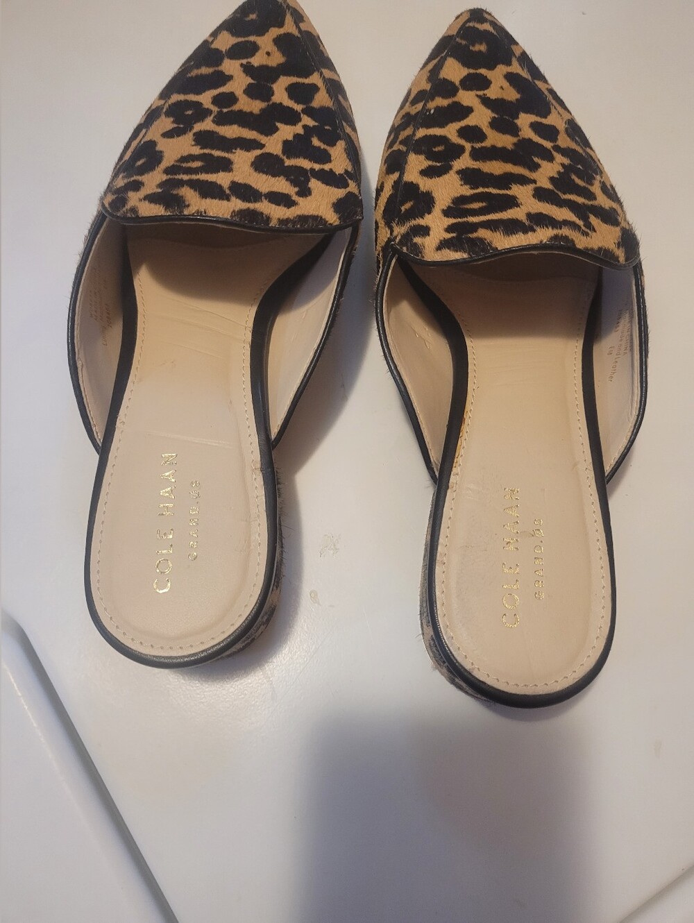 Cole Haan Leopard Print Pointed D'Orsay Mules - Tan/Black Size 7.5.